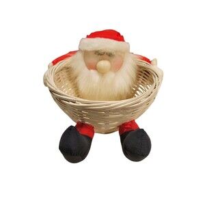 1992 Nylon Plush Santa Hugging Basket Joelson Industries 8" Wide vtg Christmas